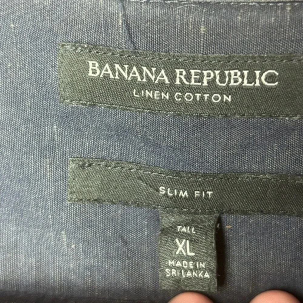 Mens XL Banana Republic Button-Up Shirt Blue Linen Short Sleeve Slim Fit Modern